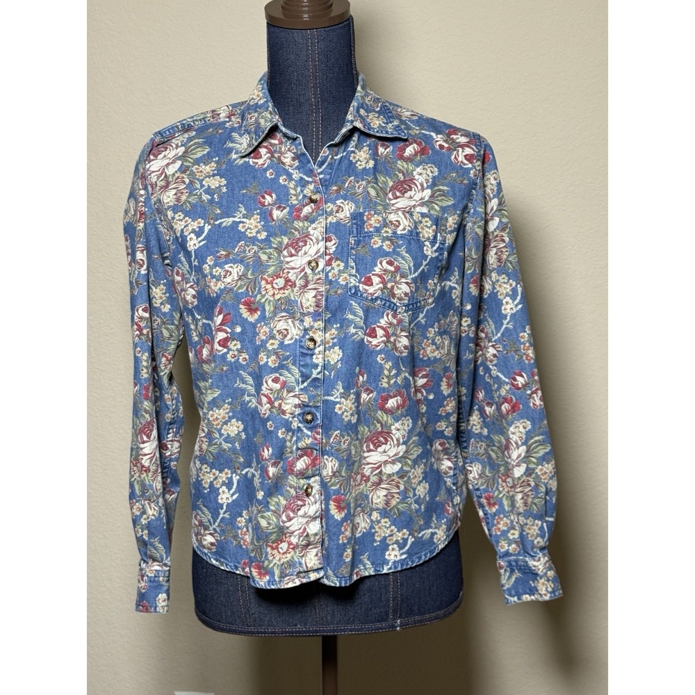 Vintage Inspired 90s Style Floral Denim Shirt Cottagecore Prairie Top Size Large